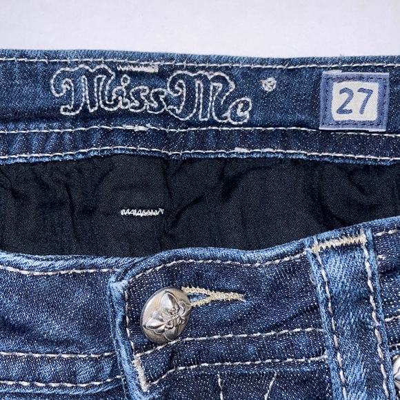 MISS ME 27 Signature Boot-cut distressed 5 Pocket Jeans Low Rise Factory Fading - Picture 4 of 16